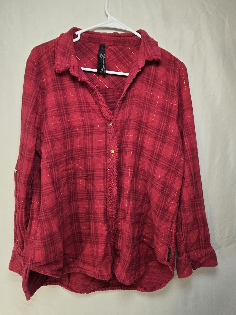7 For All Mankind Red Plaid Metallic Thread Shirt Top Womens Size L Fringe Front